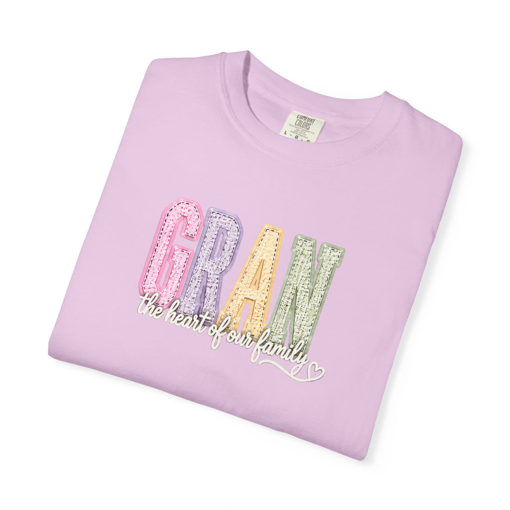 Gran Floral Script T-Shirt — "the heart of my family" Sage Garment-Dyed Tee