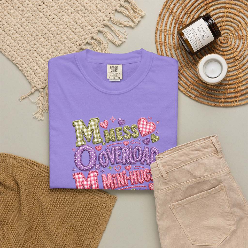 Mess, Overload, Mini-Hugs Hugs T-Shirt — Cute Hand-Lettered Mom Vibes Tee