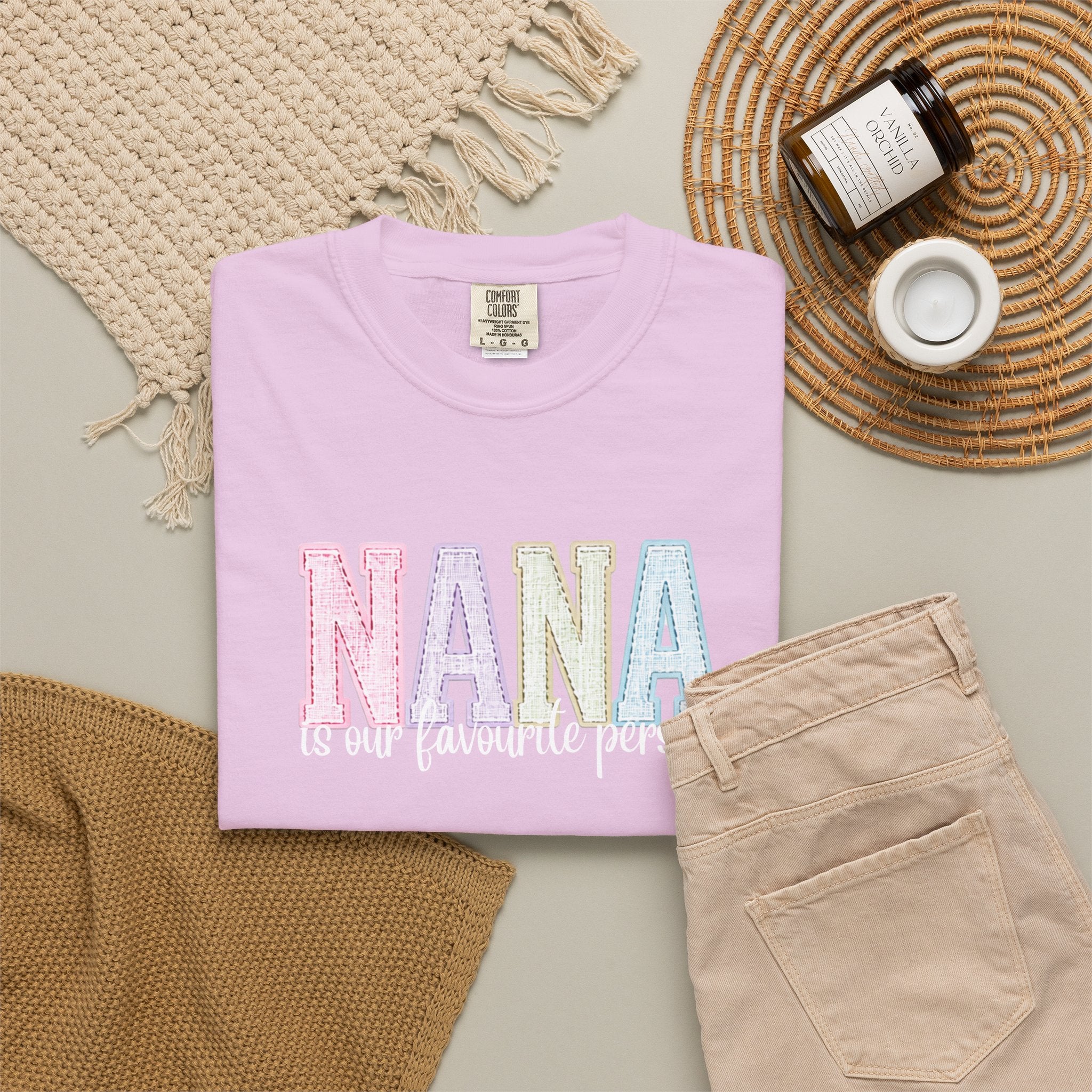 Nana Pastel Patchwork Tee — Soft White "NANA" Graphic T-Shirt for Grandmothers