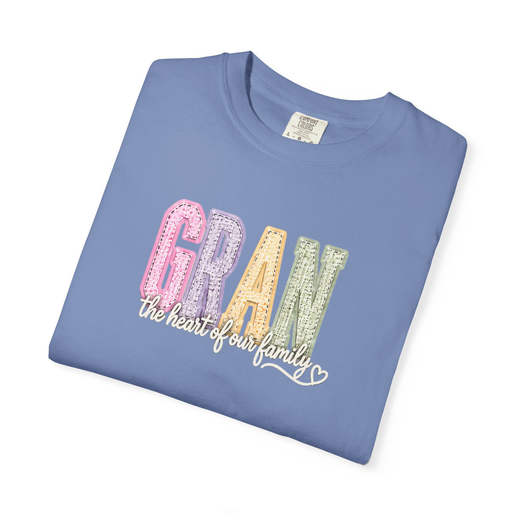 Gran Floral Script T-Shirt — "the heart of my family" Sage Garment-Dyed Tee