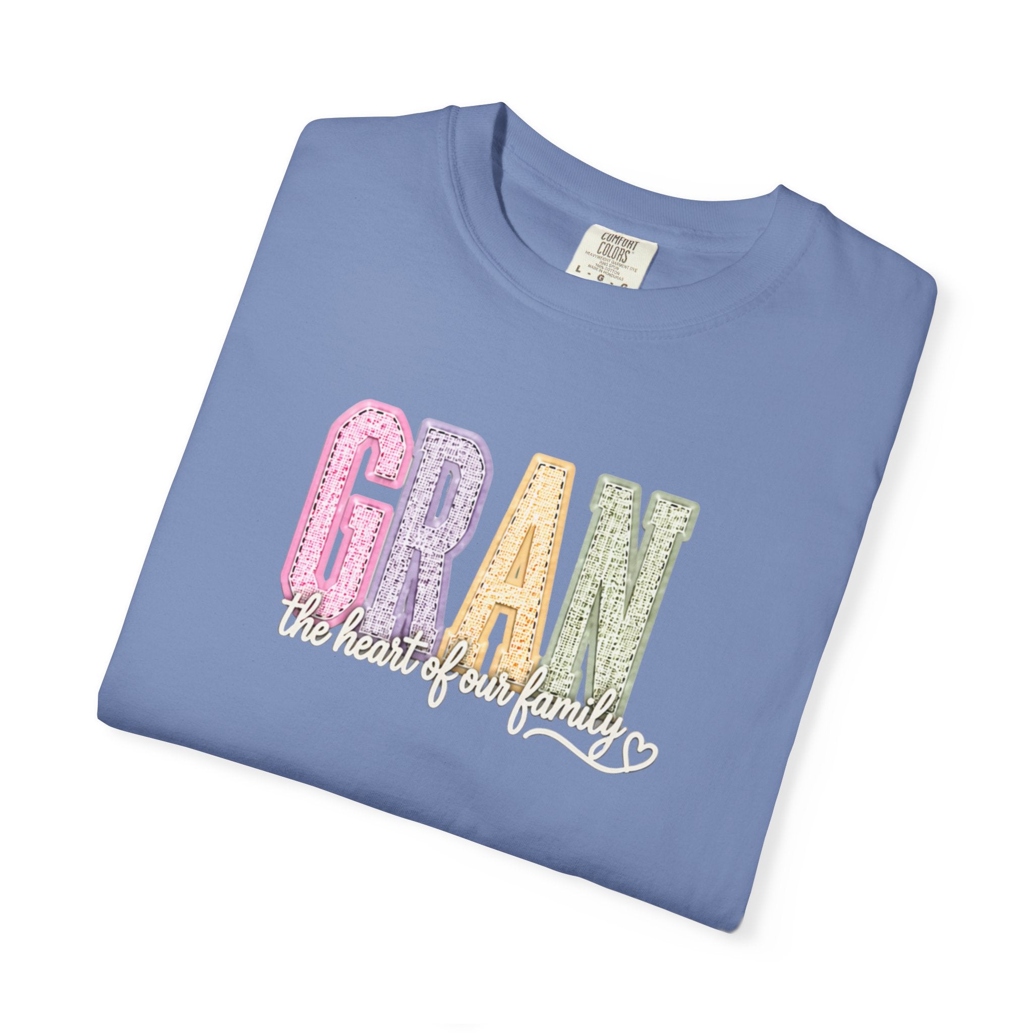 Gran Floral Script T-Shirt — "the heart of my family" Sage Garment-Dyed Tee
