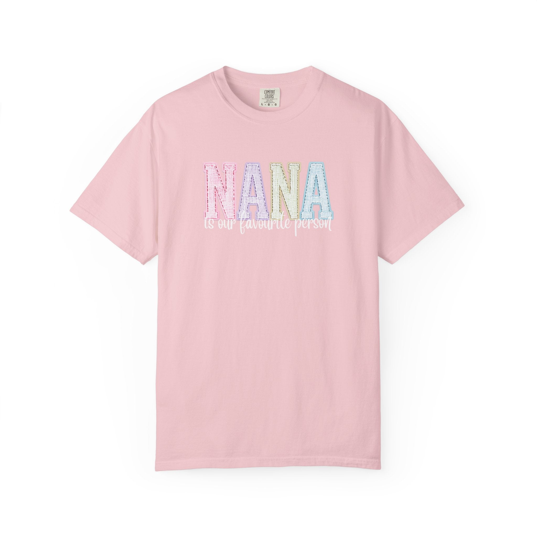 Nana Pastel Patchwork Tee — Soft White "NANA" Graphic T-Shirt for Grandmothers