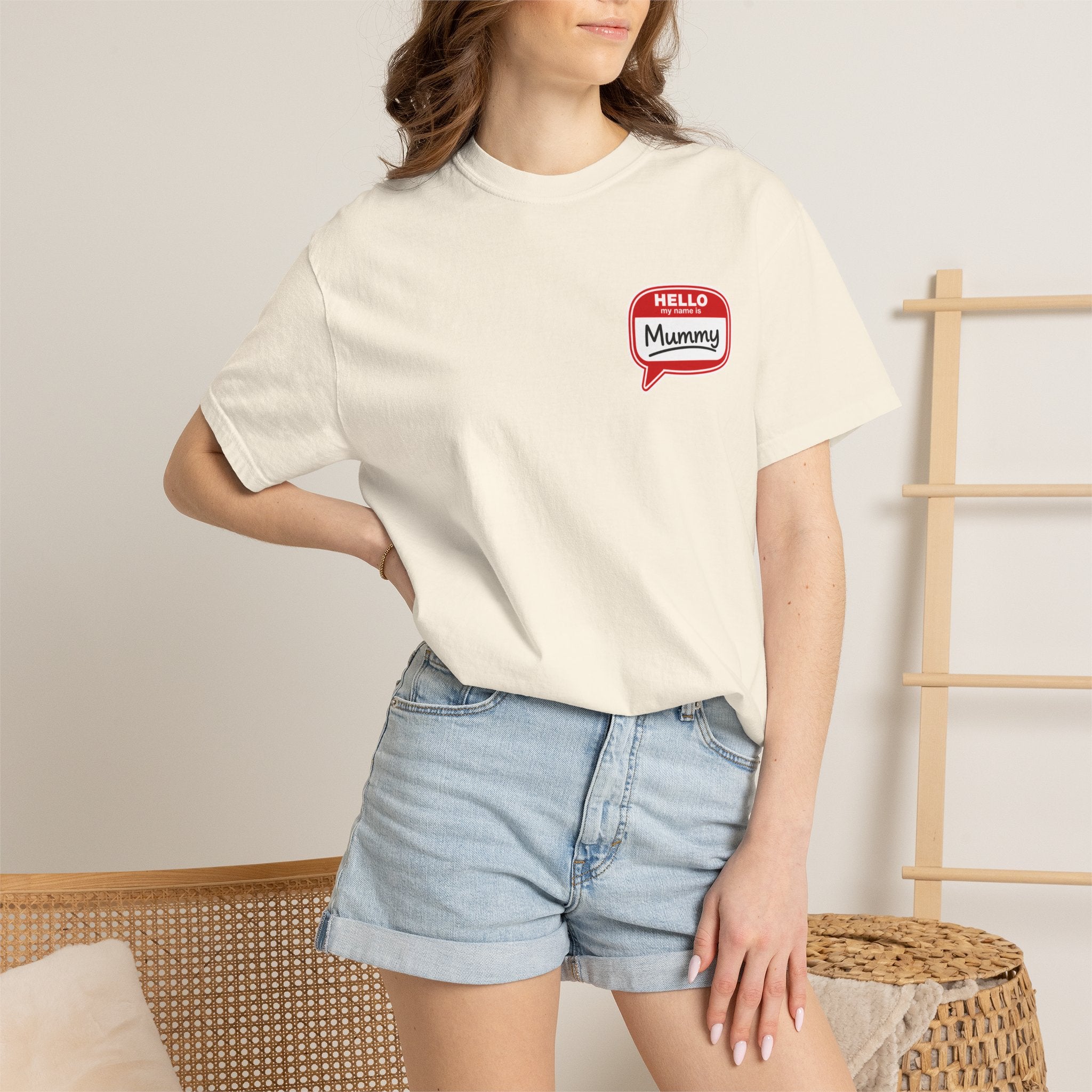 T-Shirt — "Hello Mummy" Retro Name-Tag Graphic