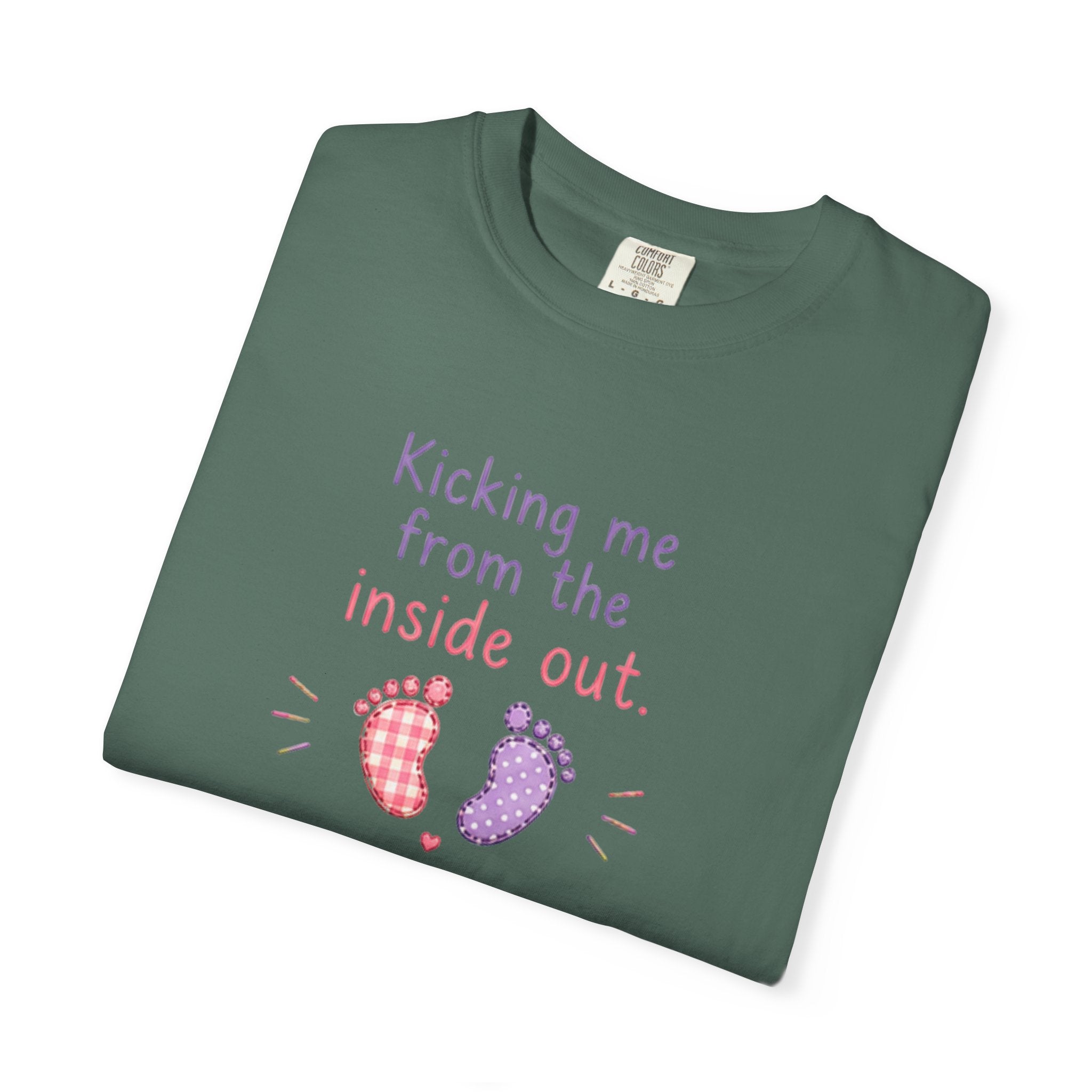 Pregnancy T-Shirt "Kicking Me From the Inside Out" — Cute Baby Footprint Maternity Tee