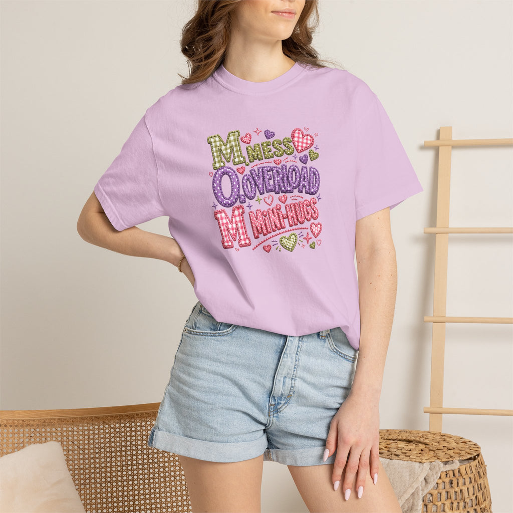 Mess, Overload, Mini-Hugs Hugs T-Shirt — Cute Hand-Lettered Mom Vibes Tee