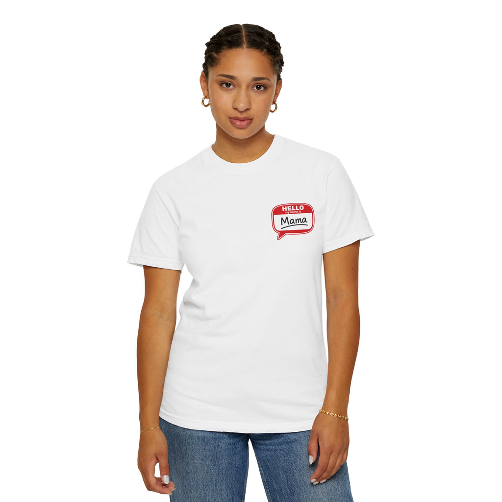 Hello Mama Pocket T‑Shirt — Cute 'Hello Mama' Name Tag Graphic Tee for New and Expecting Moms