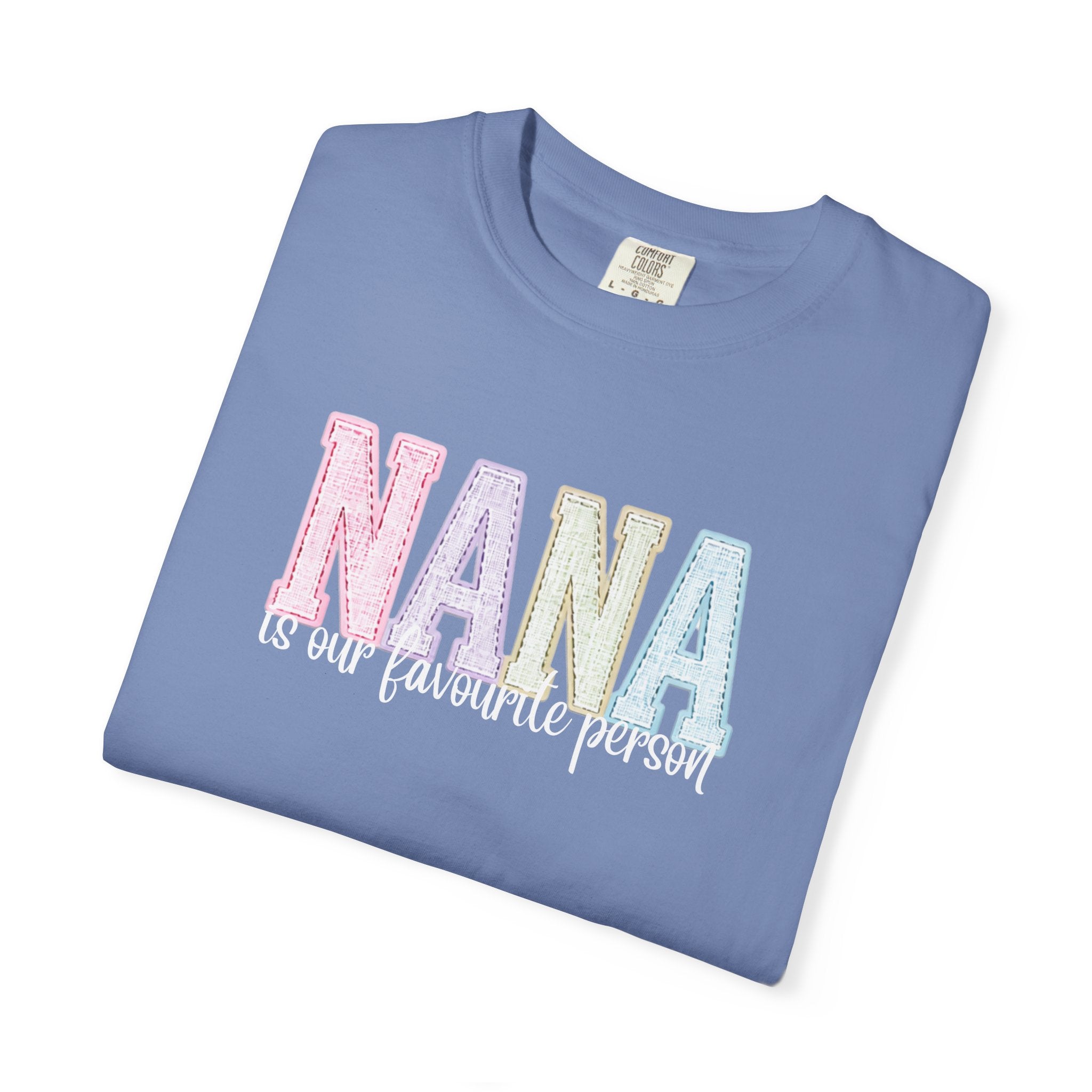 Nana Pastel Patchwork Tee — Soft White "NANA" Graphic T-Shirt for Grandmothers