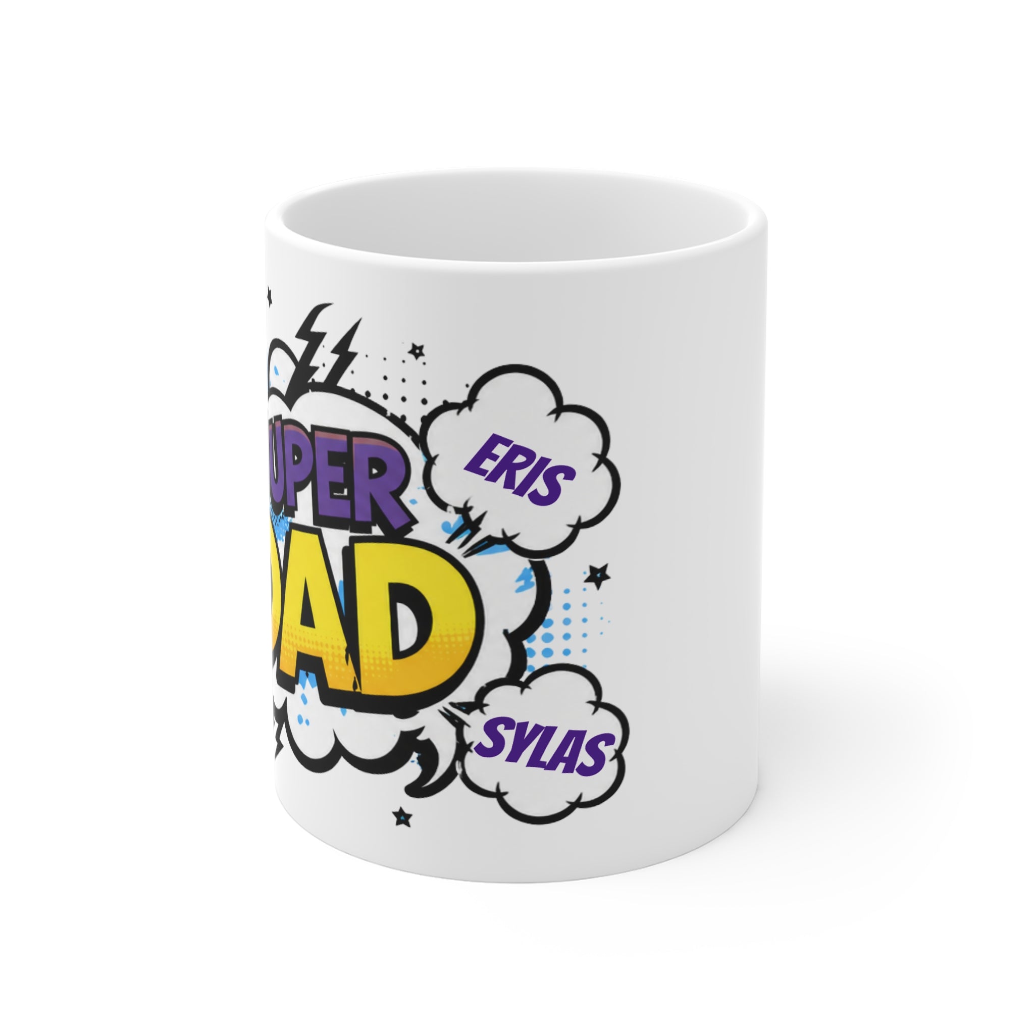 Super Dad Comic Name Mug — Personalized Kids’ Names Father’s Day Gift