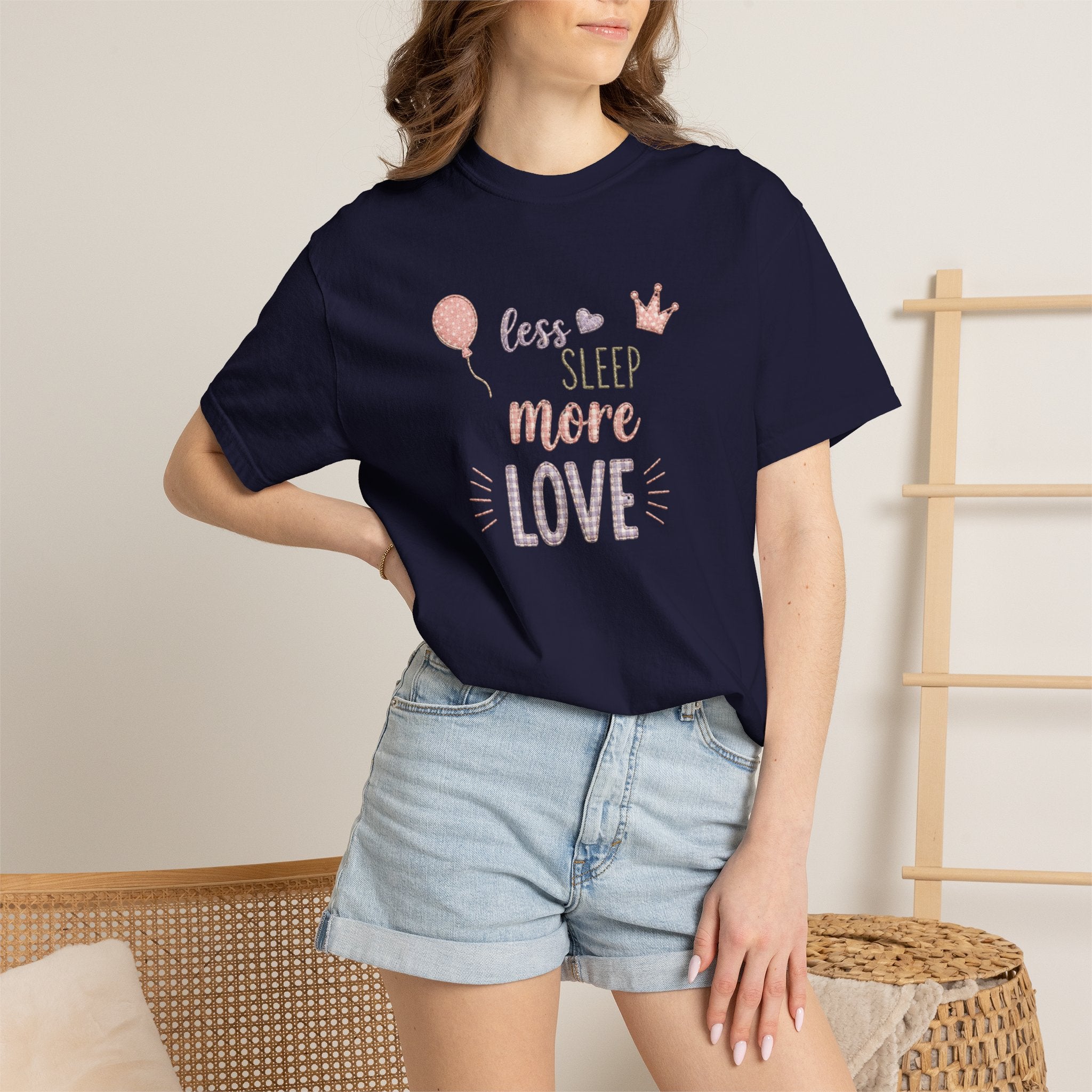 Less Sleep More Love T-Shirt – Pregnancy Announcment Cute Pink Balloon & Crown Graphic Tee