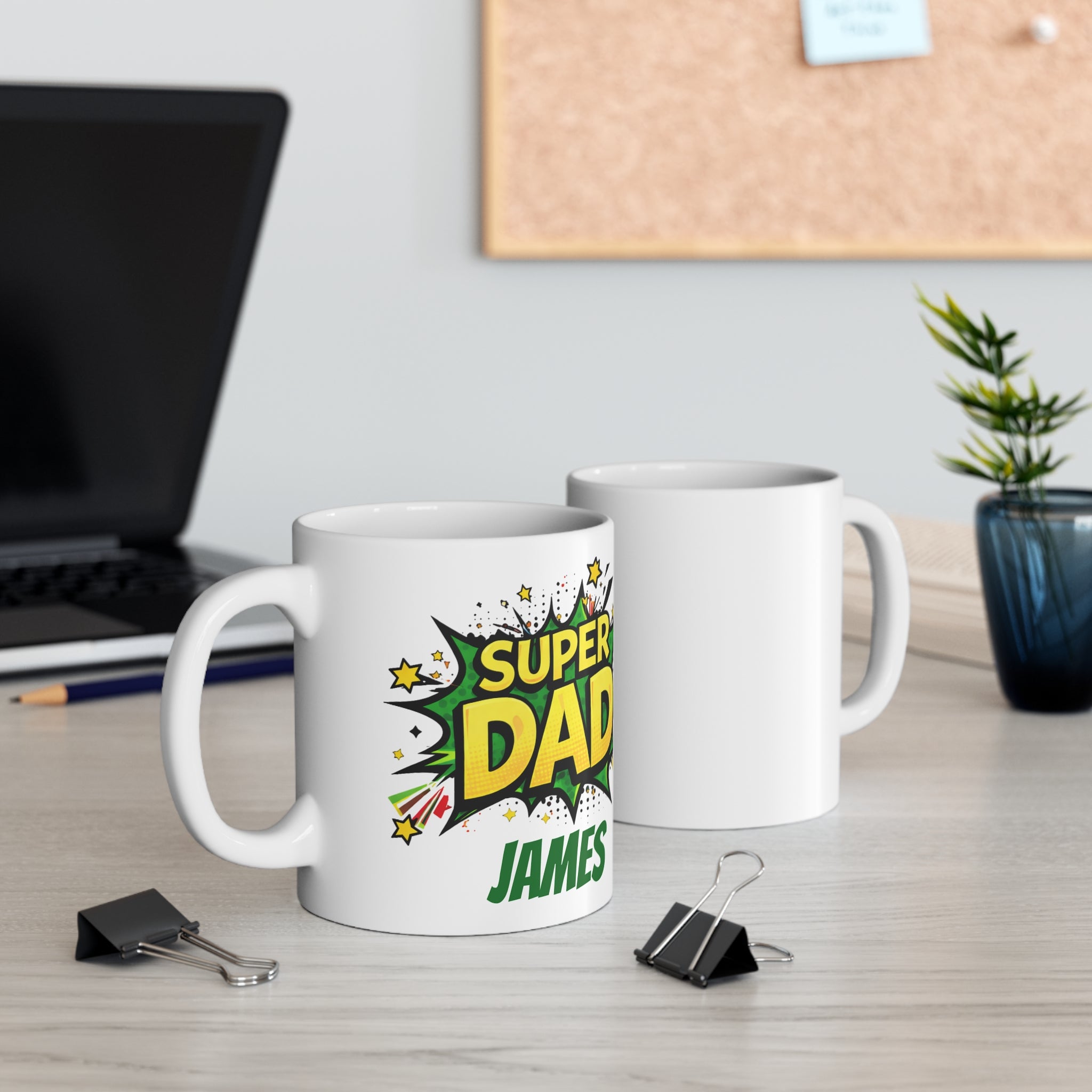 Super Dad Mug — Personalized 'Super Dad' Comic-Style Coffee Cup (Custom Name: James)