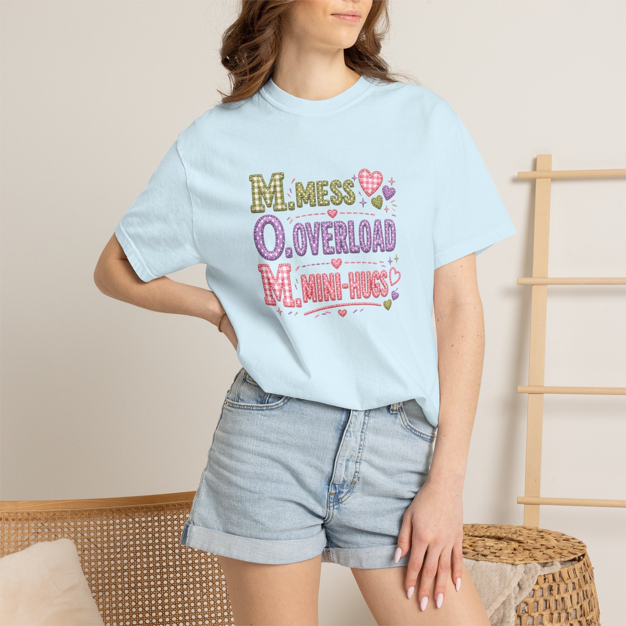 Mom Acronym Graphic T-Shirt — “M.O.M. Mess Overload Mini-Hugs” Cute Pastel Mothers Day Tee