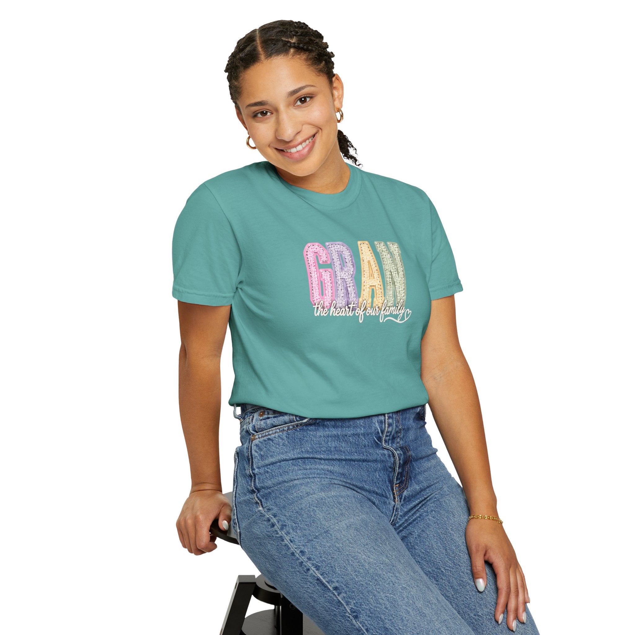 Gran Floral Script T-Shirt — "the heart of my family" Sage Garment-Dyed Tee