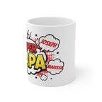 Super Papa Comic-Style 11oz White Mug — Personalized Names Gift for Dad