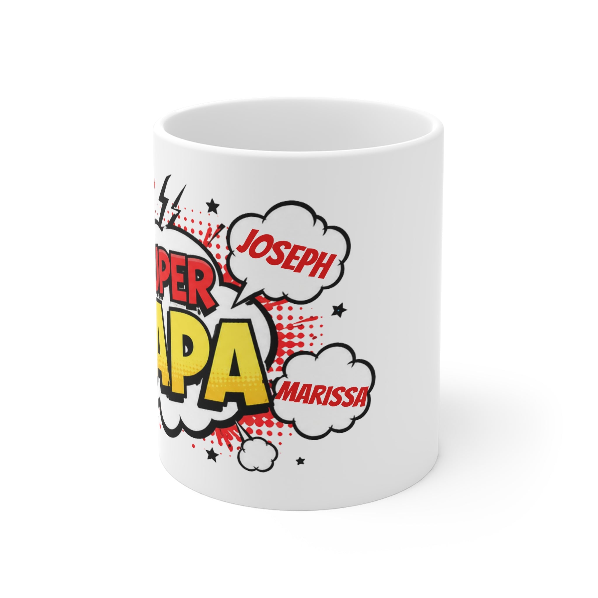 Super Papa Comic-Style 11oz White Mug — Personalized Names Gift for Dad