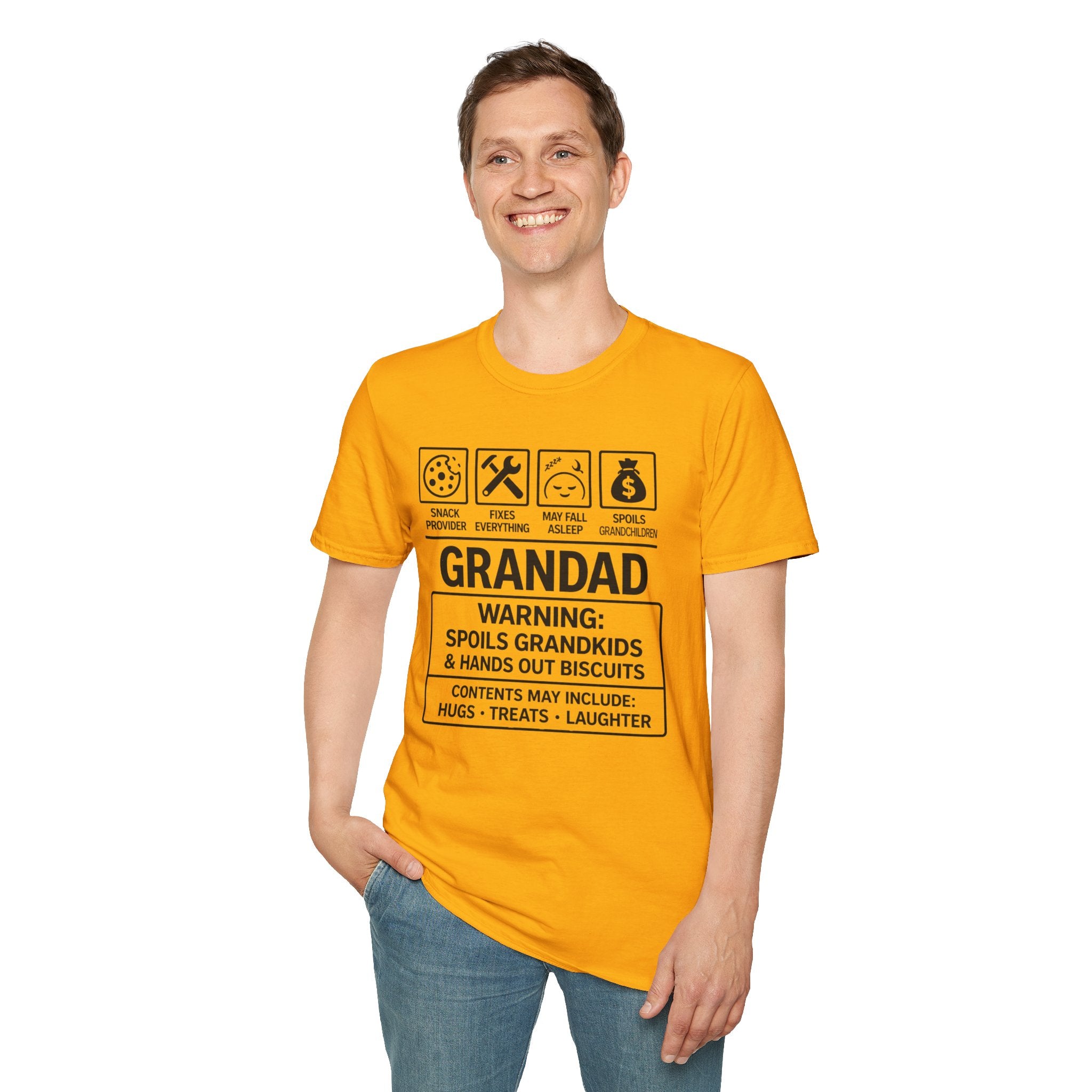 Grandad Warning T-Shirt — 'Warning: Spoils Grandkids & Hands Out Biscuits' Funny Grandpa Shirt