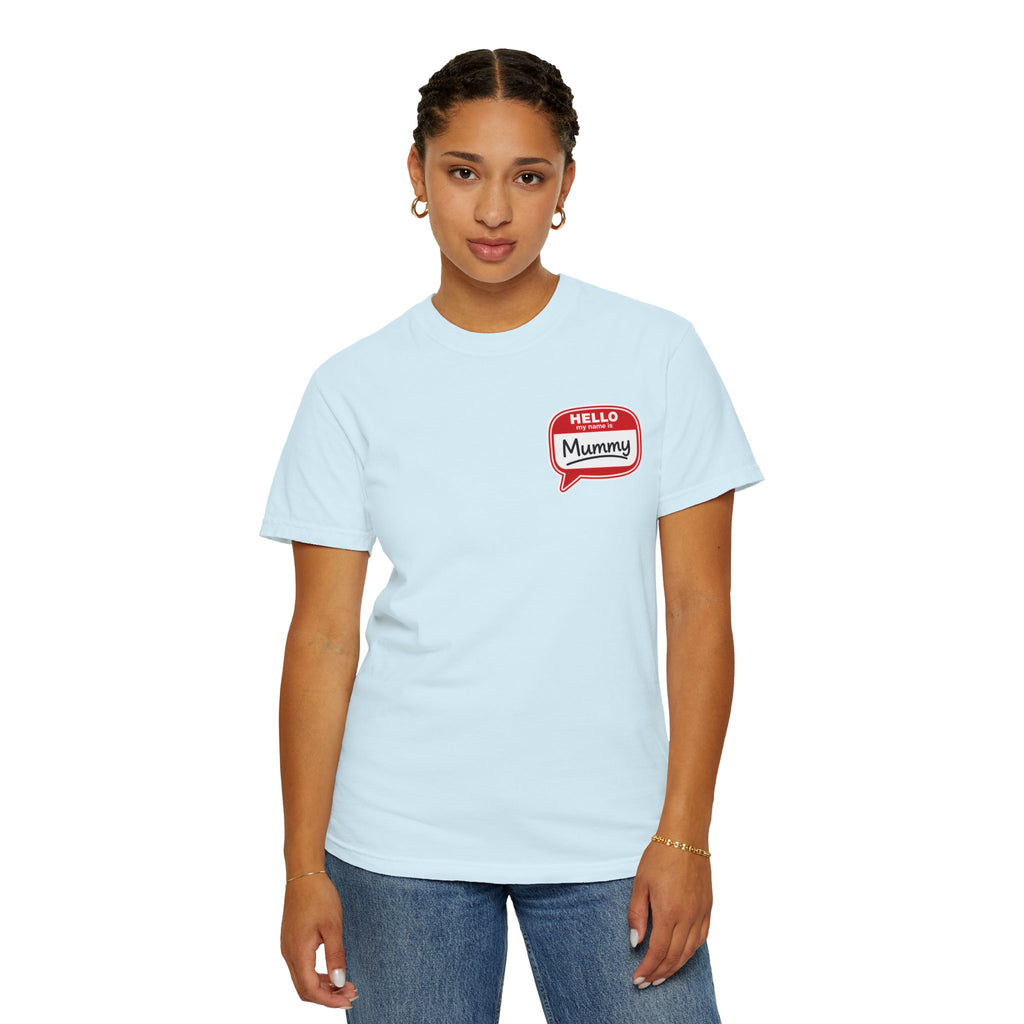 T-Shirt — "Hello Mummy" Retro Name-Tag Graphic