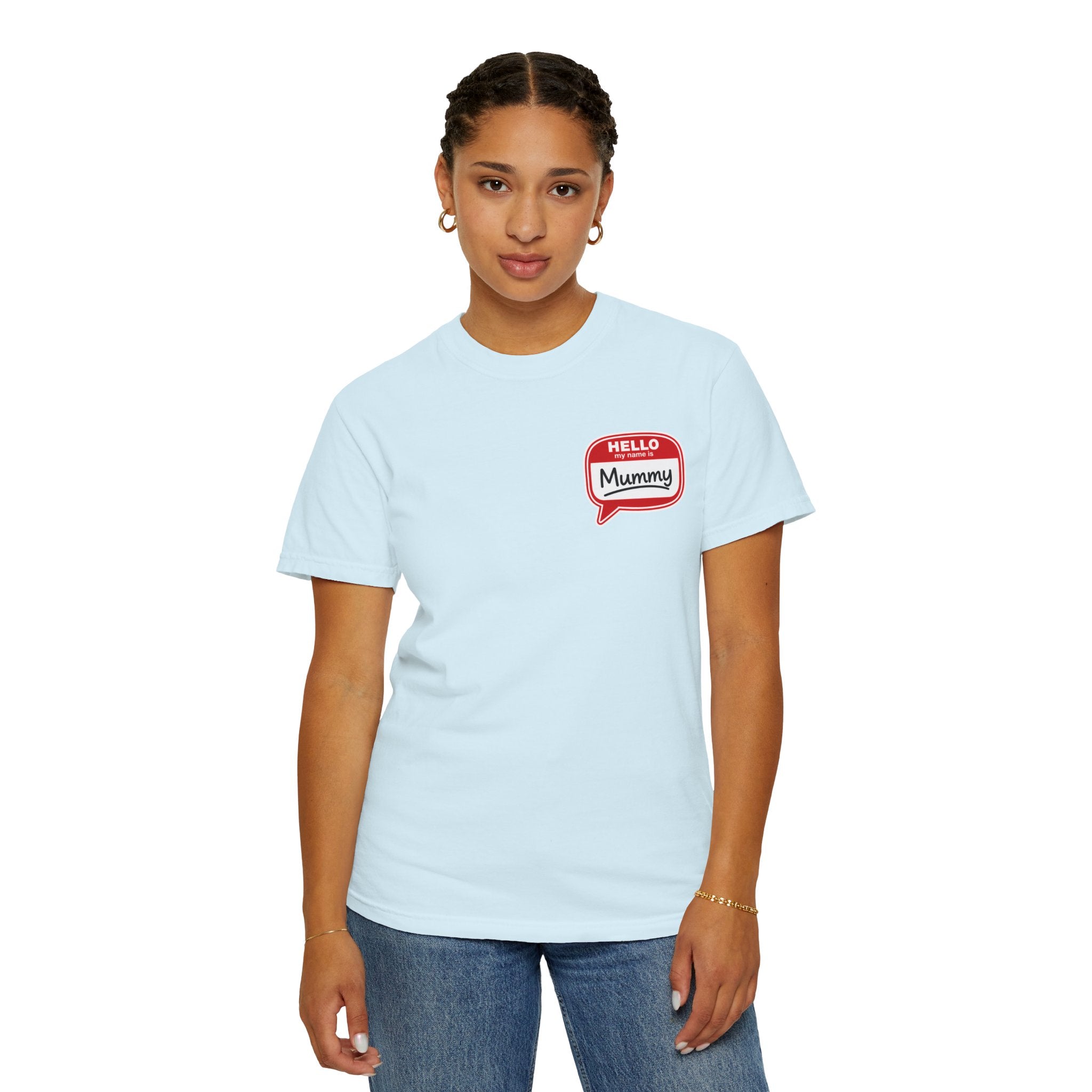 T-Shirt — "Hello Mummy" Retro Name-Tag Graphic