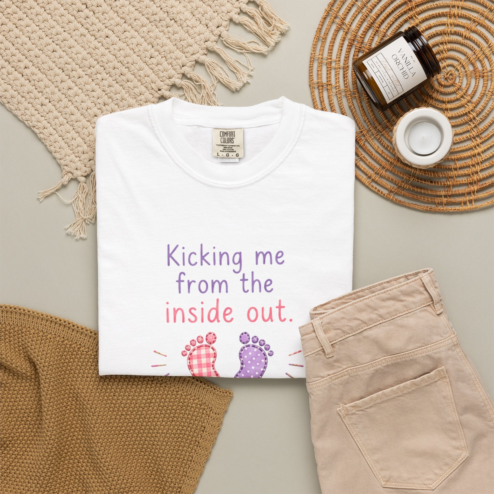 Pregnancy T-Shirt "Kicking Me From the Inside Out" — Cute Baby Footprint Maternity Tee