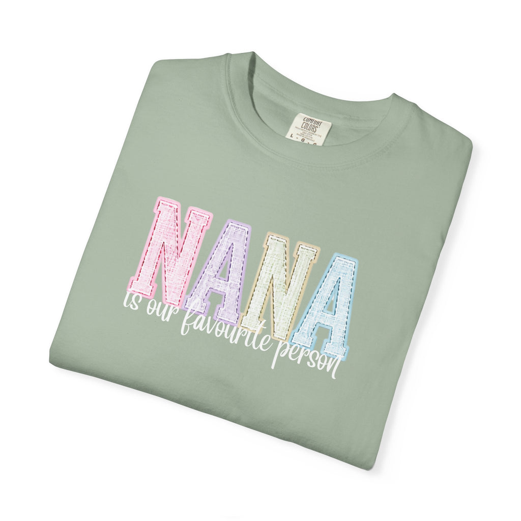 Nana Pastel Patchwork Tee — Soft White "NANA" Graphic T-Shirt for Grandmothers