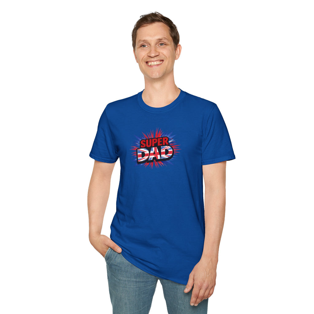 Super Dad T-Shirt – Union Jack Flag pattern Retro Comic Father’s Day Tee