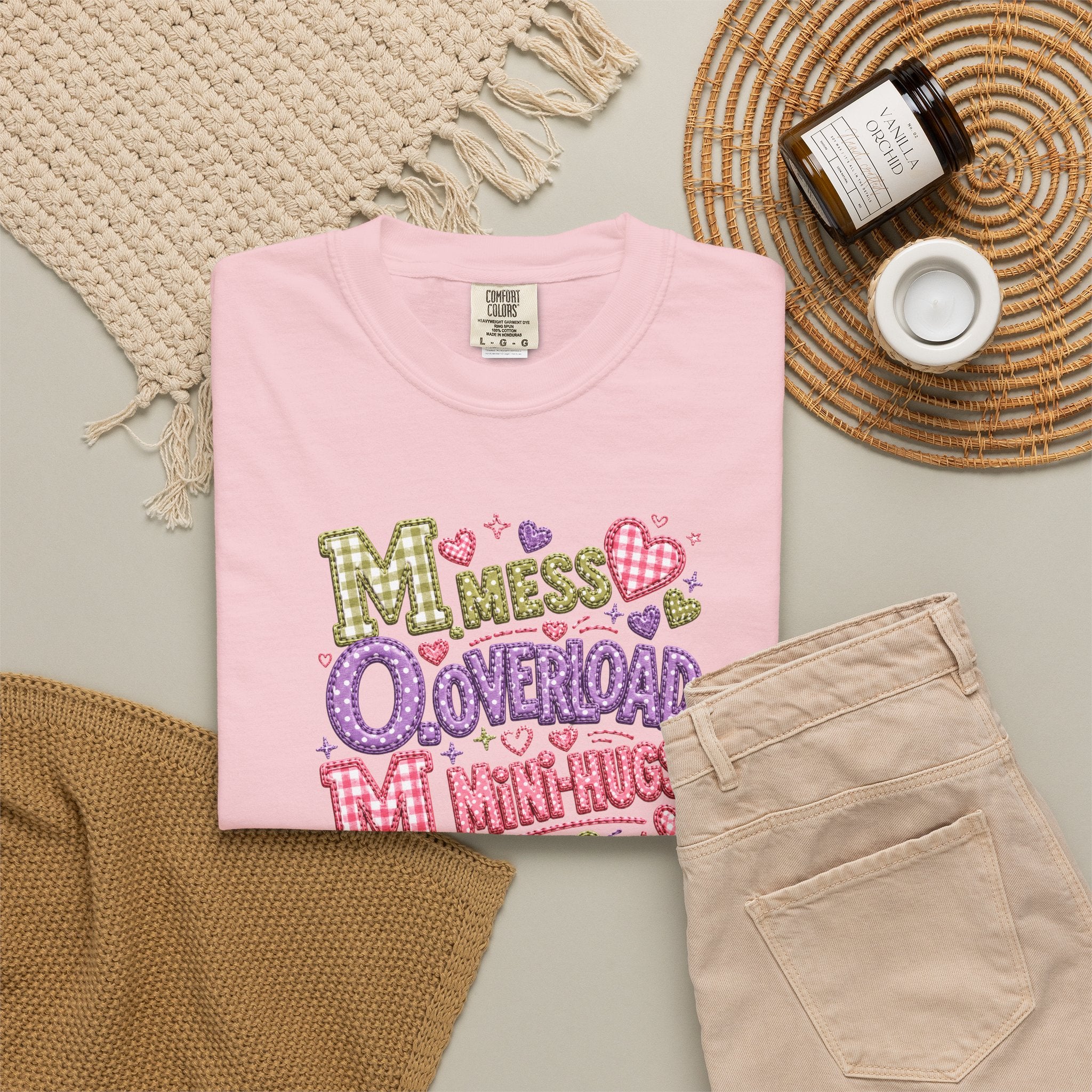 Mess, Overload, Mini-Hugs Hugs T-Shirt — Cute Hand-Lettered Mom Vibes Tee