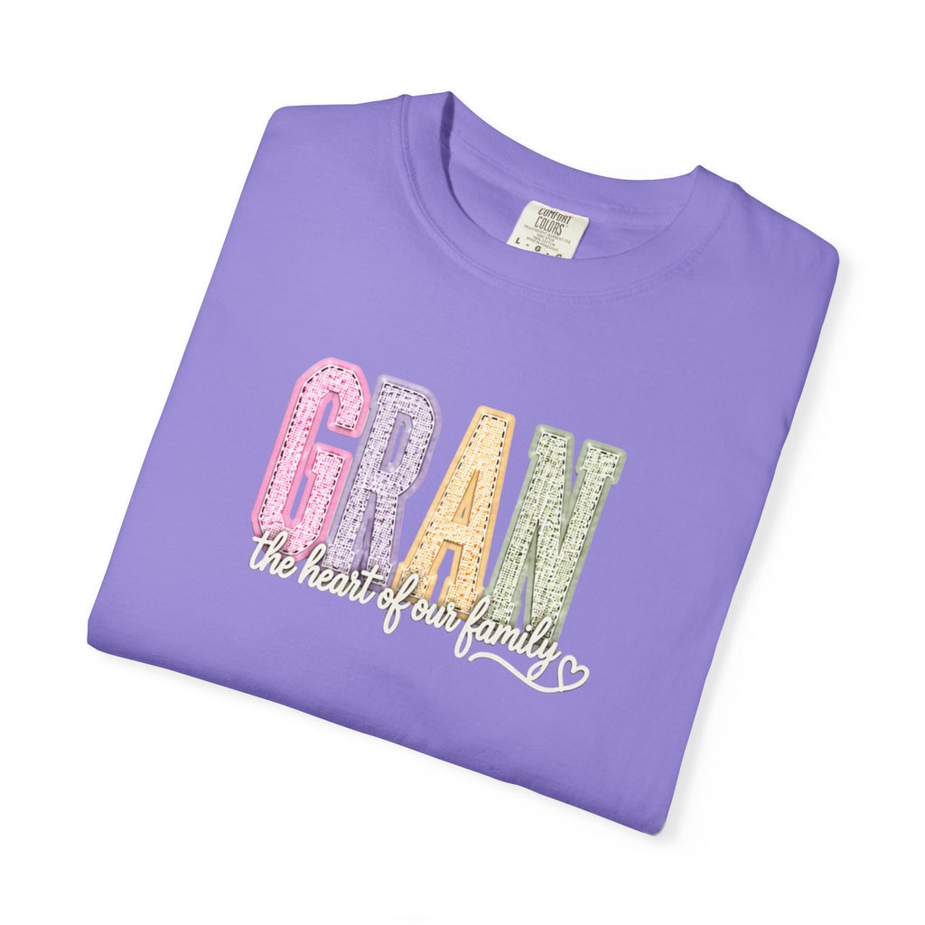 Gran Floral Script T-Shirt — "the heart of my family" Sage Garment-Dyed Tee
