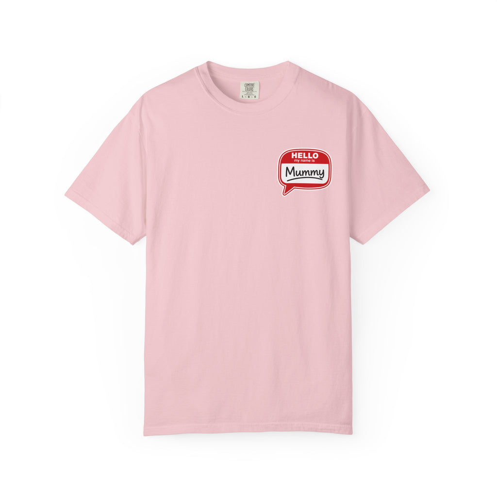 T-Shirt — "Hello Mummy" Retro Name-Tag Graphic