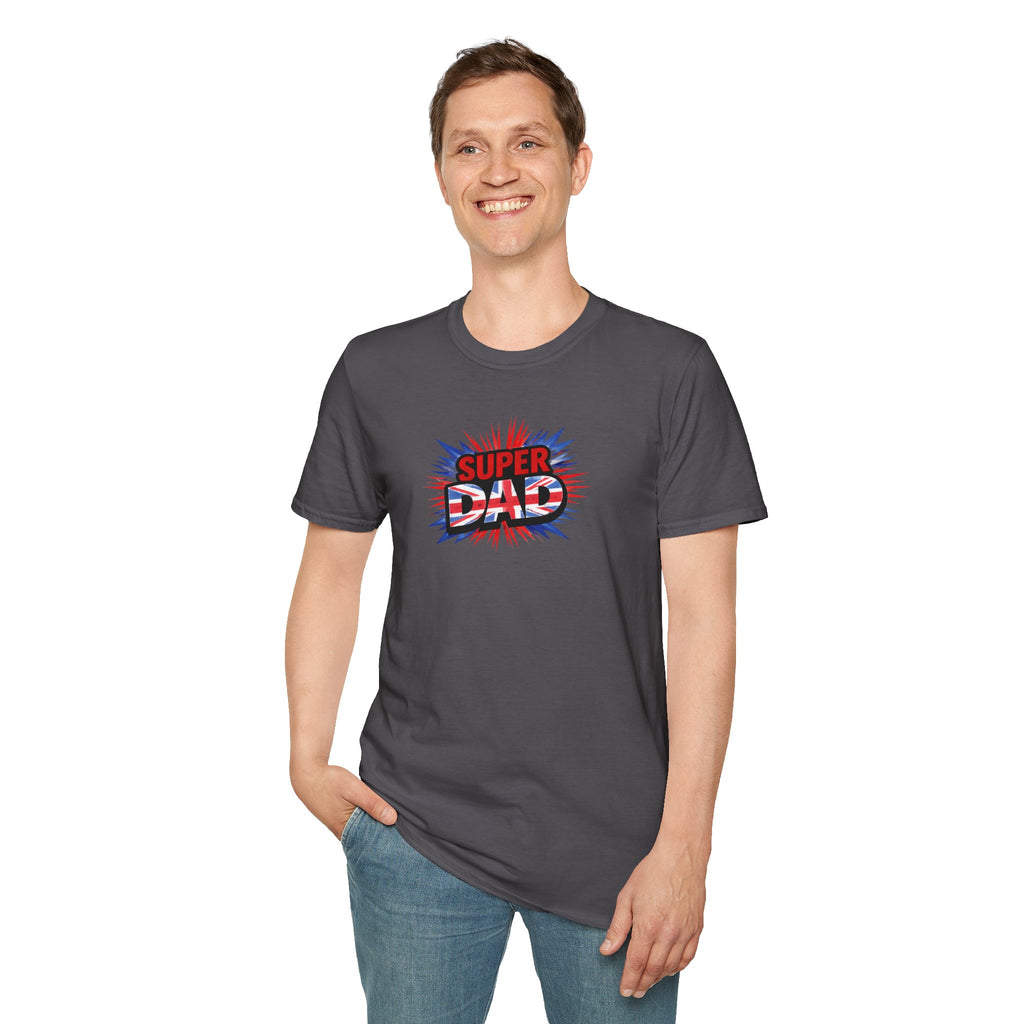 Super Dad T-Shirt – Union Jack Flag pattern Retro Comic Father’s Day Tee