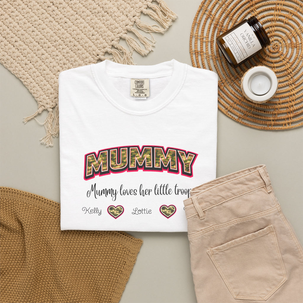 Mummy Camo Heart Graphic T-Shirt — "Mummy, leave her little layers" Retro Mum Tee