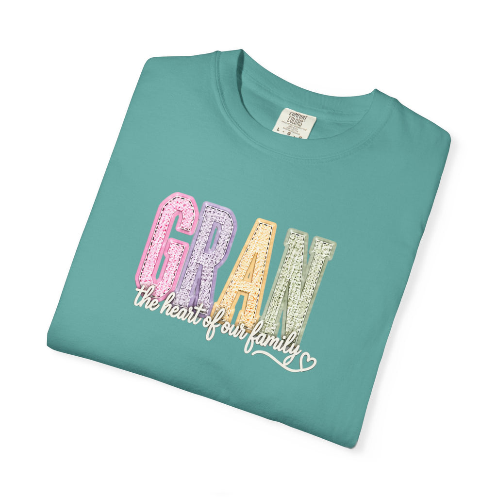 Gran Floral Script T-Shirt — "the heart of my family" Sage Garment-Dyed Tee