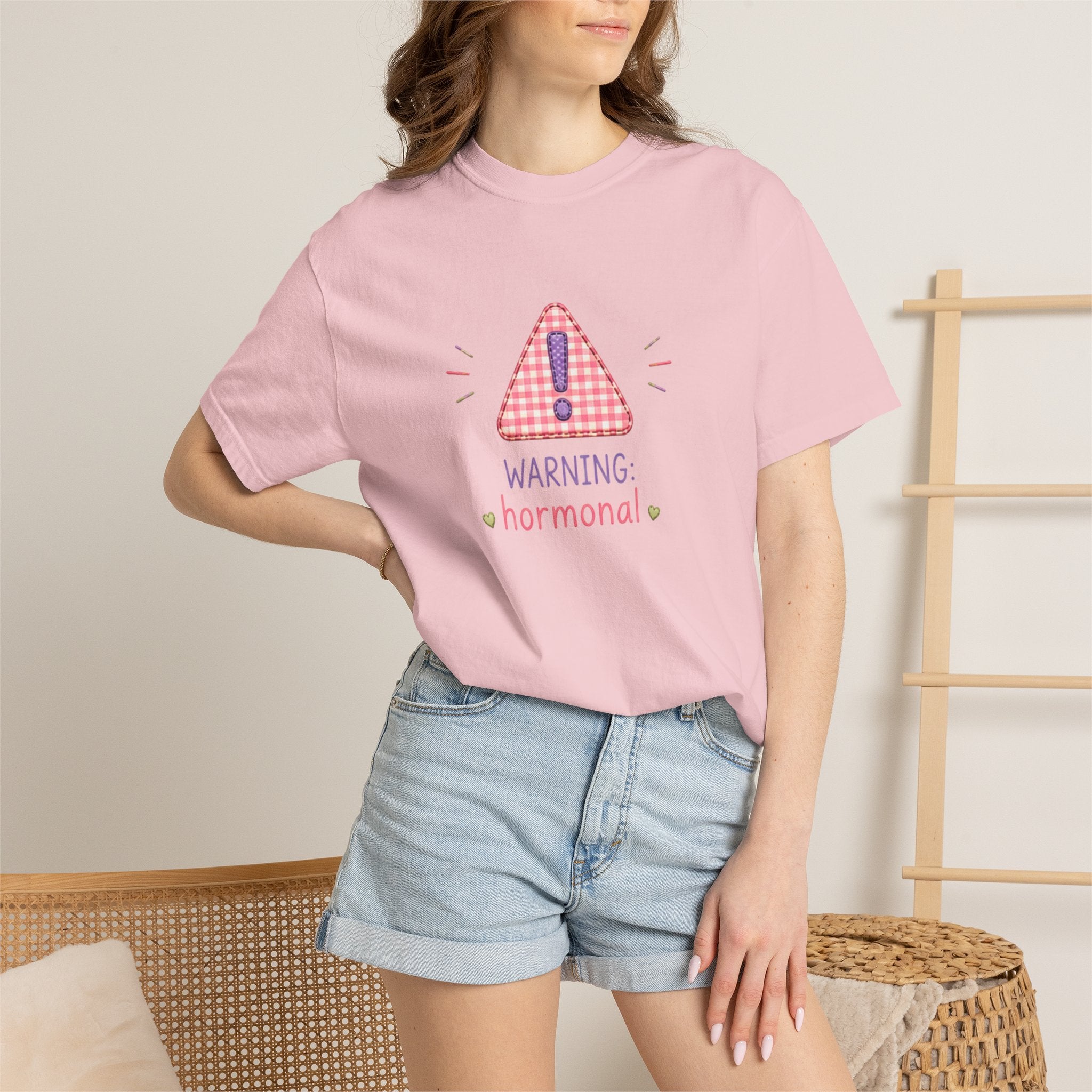 T-Shirt — "Warning: Hormonal" Cute Pink Gingham Alert Graphic