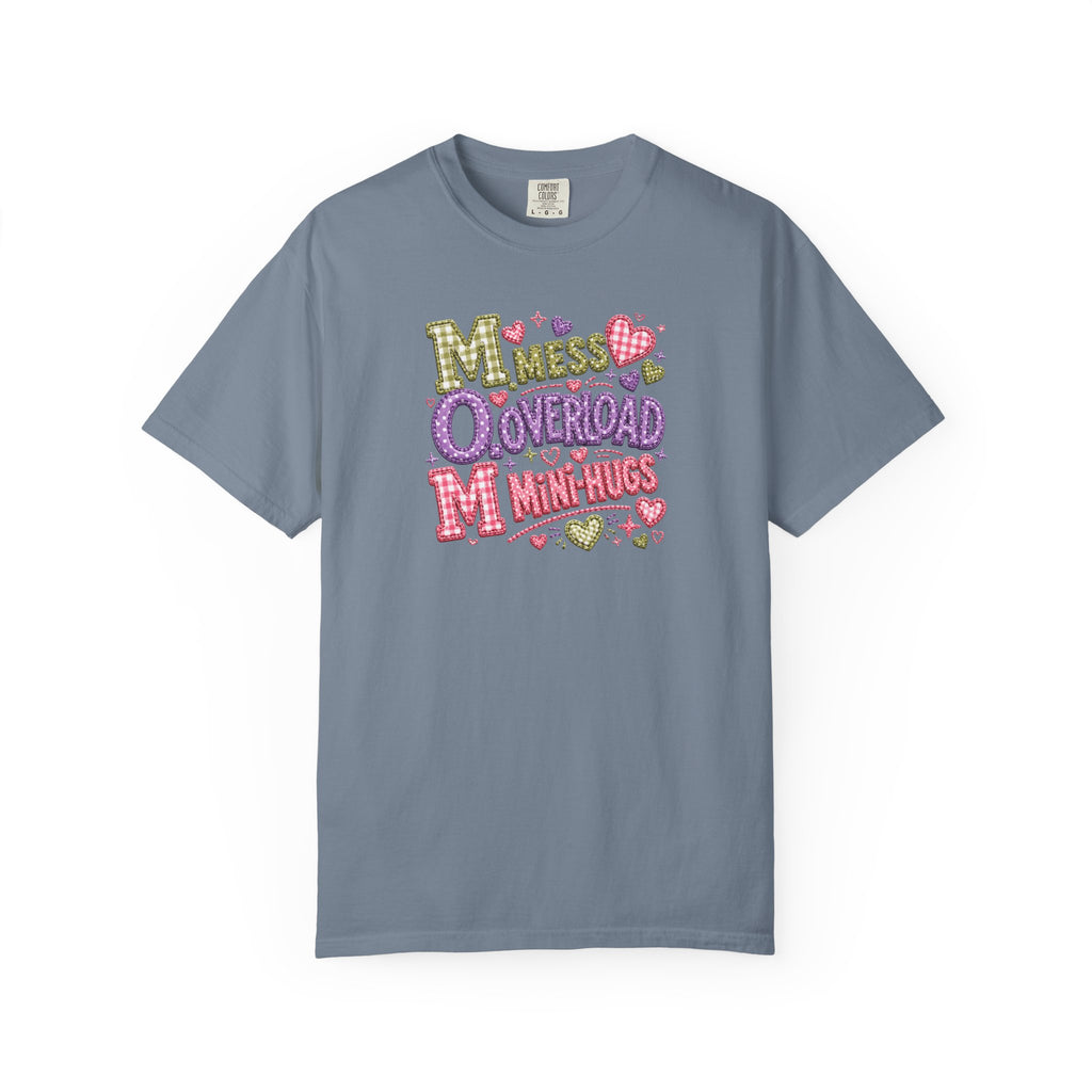 Mess, Overload, Mini-Hugs Hugs T-Shirt — Cute Hand-Lettered Mom Vibes Tee