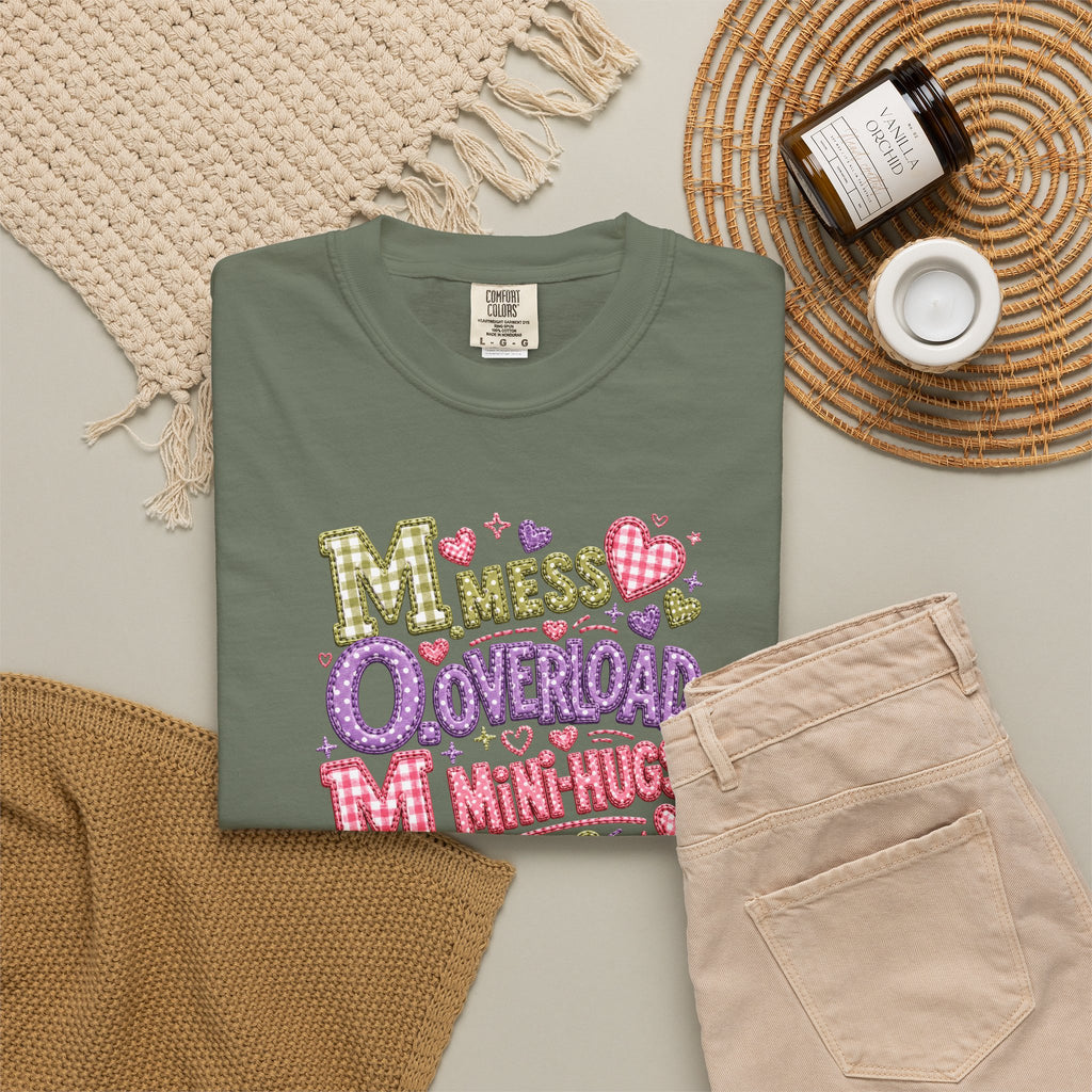 Mess, Overload, Mini-Hugs Hugs T-Shirt — Cute Hand-Lettered Mom Vibes Tee