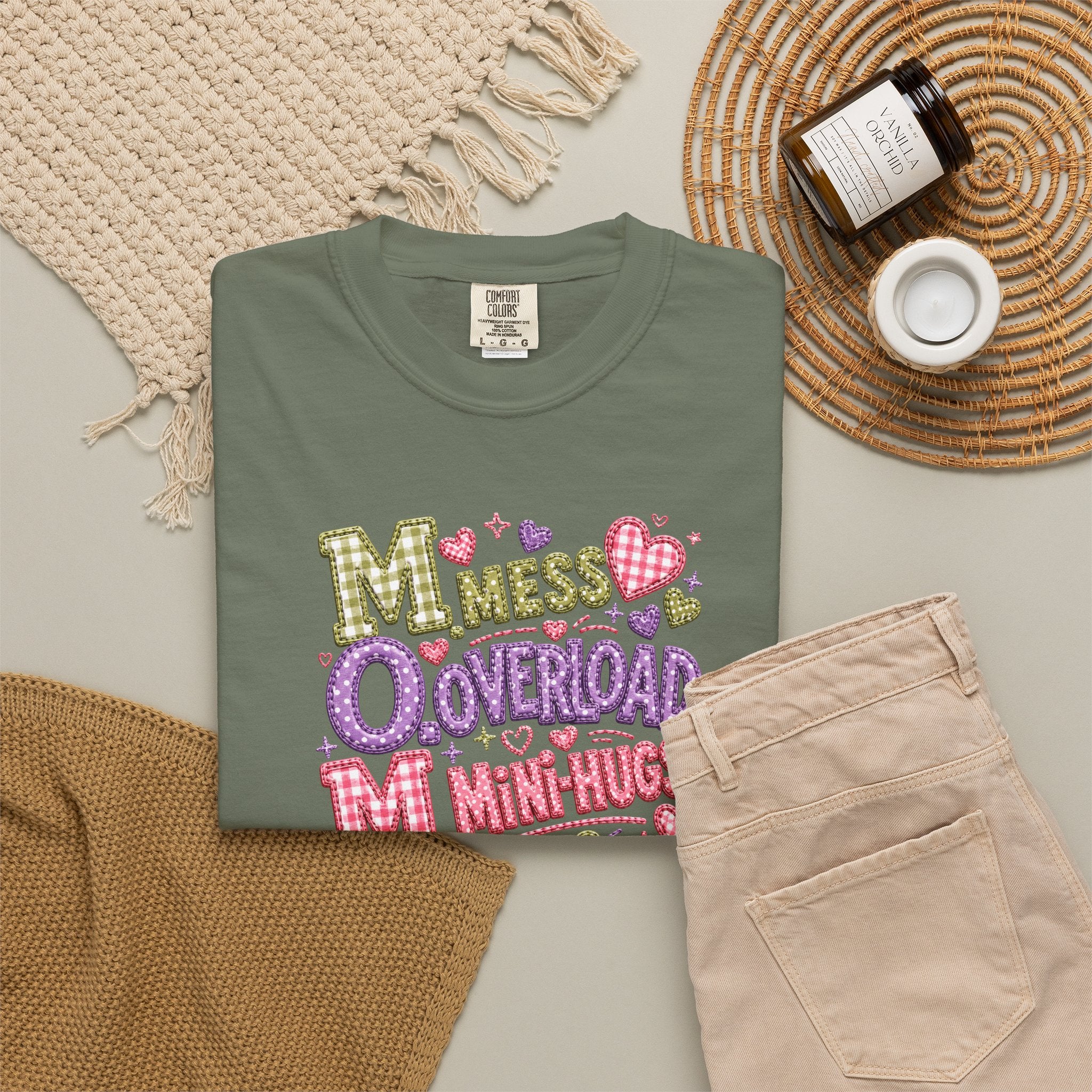 Mess, Overload, Mini-Hugs Hugs T-Shirt — Cute Hand-Lettered Mom Vibes Tee
