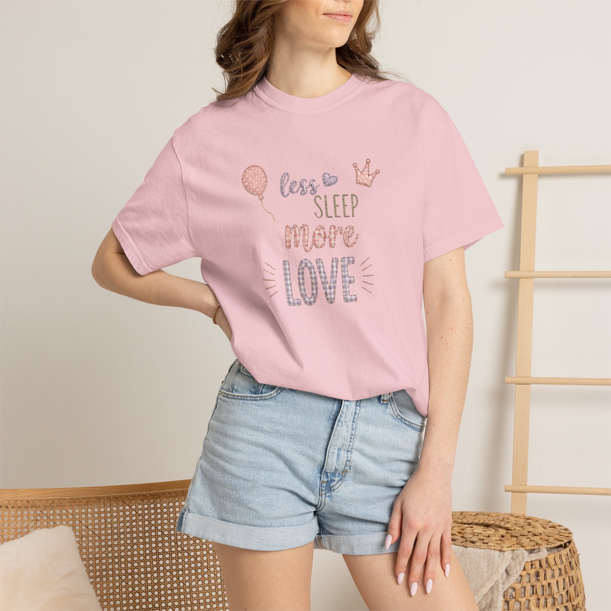 Less Sleep More Love T-Shirt – Pregnancy Announcment Cute Pink Balloon & Crown Graphic Tee