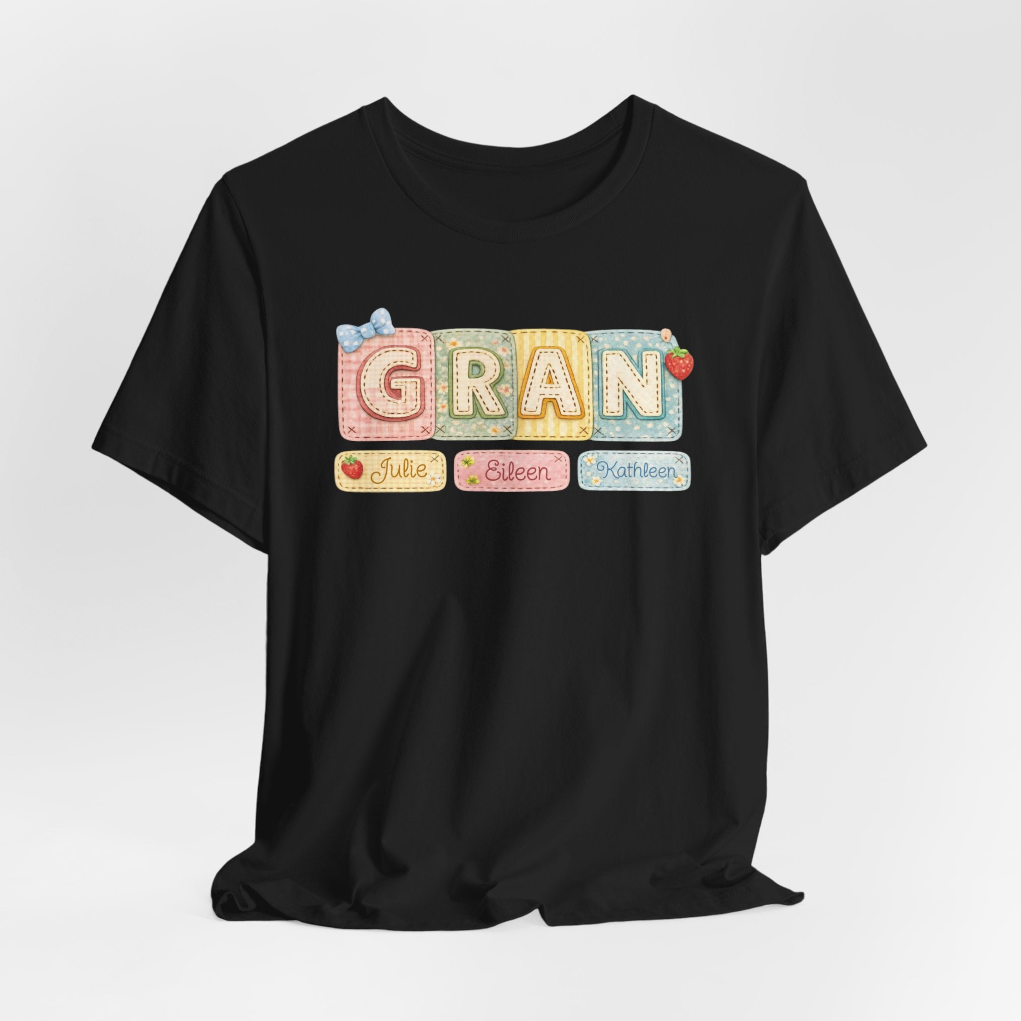 Gran Retro Patch Tee — Personalized 'Gran' Name Blocks Short Sleeve Shirt