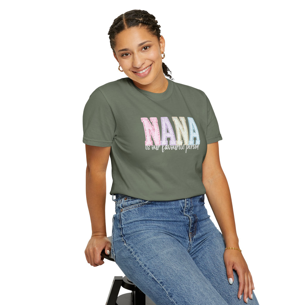 Nana Pastel Patchwork Tee — Soft White "NANA" Graphic T-Shirt for Grandmothers