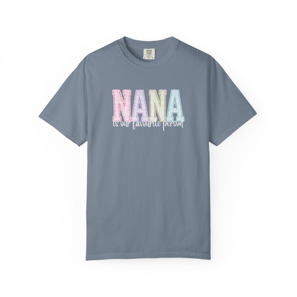 Nana Pastel Patchwork Tee — Soft White "NANA" Graphic T-Shirt for Grandmothers