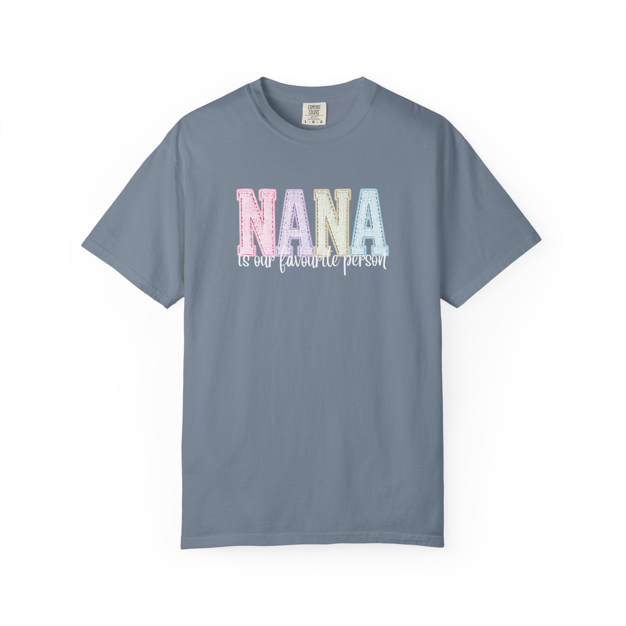 Nana Pastel Patchwork Tee — Soft White "NANA" Graphic T-Shirt for Grandmothers