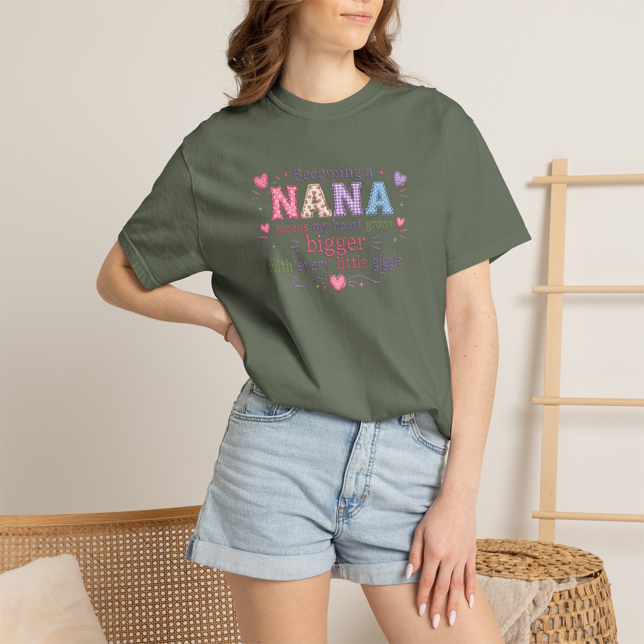 Becoming a Nana T-Shirt — "Becoming a Nana means my heart grows bigger with every little giggle" Cute Grandma Gift