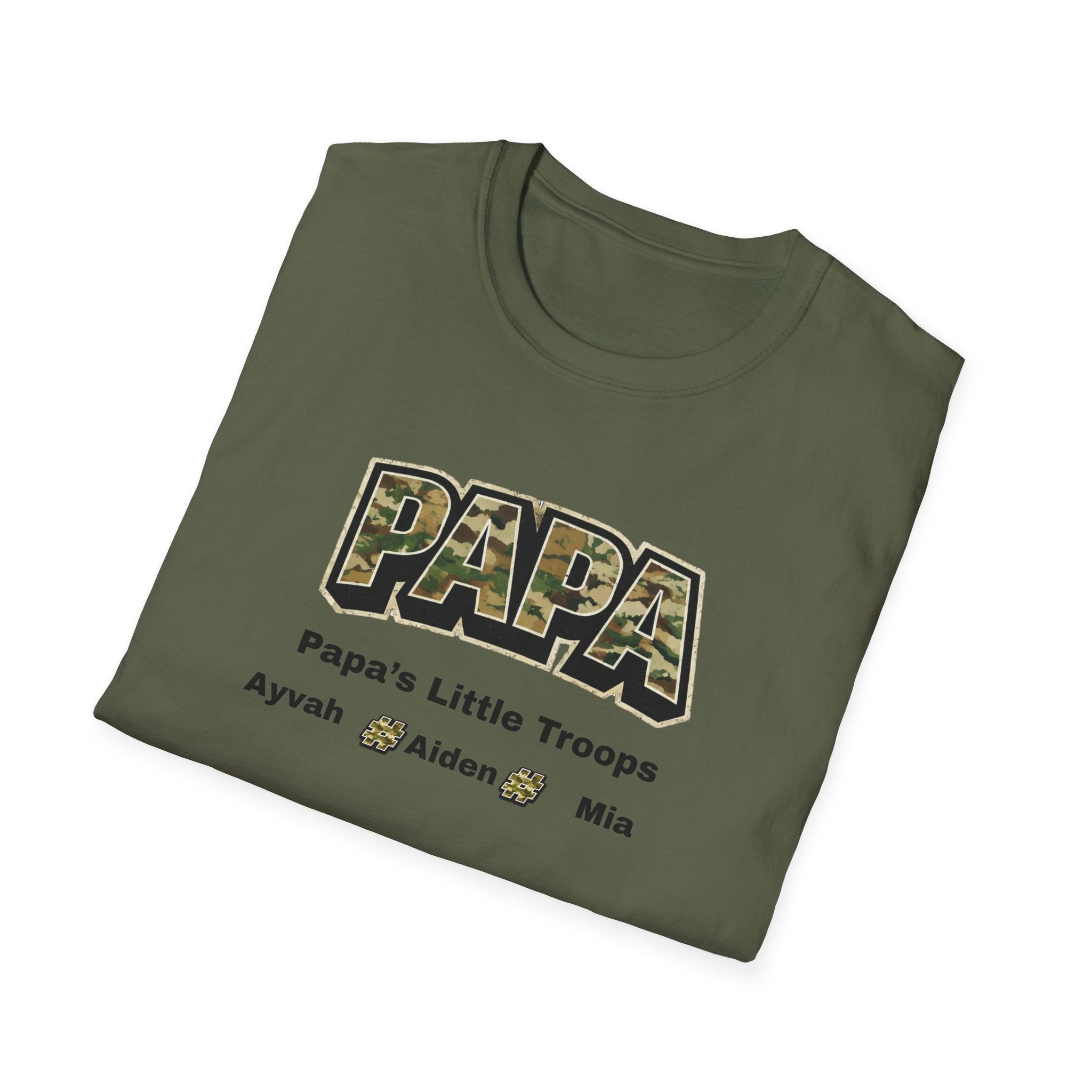Papa Camo T-Shirt — “Papa’s Little Troops” Personalized Kids Names Tee