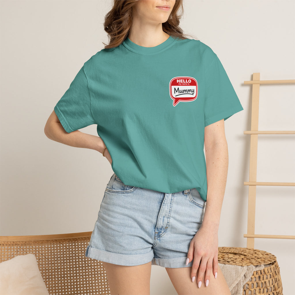 T-Shirt — "Hello Mummy" Retro Name-Tag Graphic