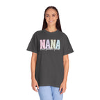 Nana Pastel Patchwork Tee — Soft White "NANA" Graphic T-Shirt for Grandmothers