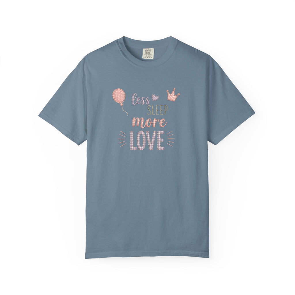 Less Sleep More Love T-Shirt – Pregnancy Announcment Cute Pink Balloon & Crown Graphic Tee