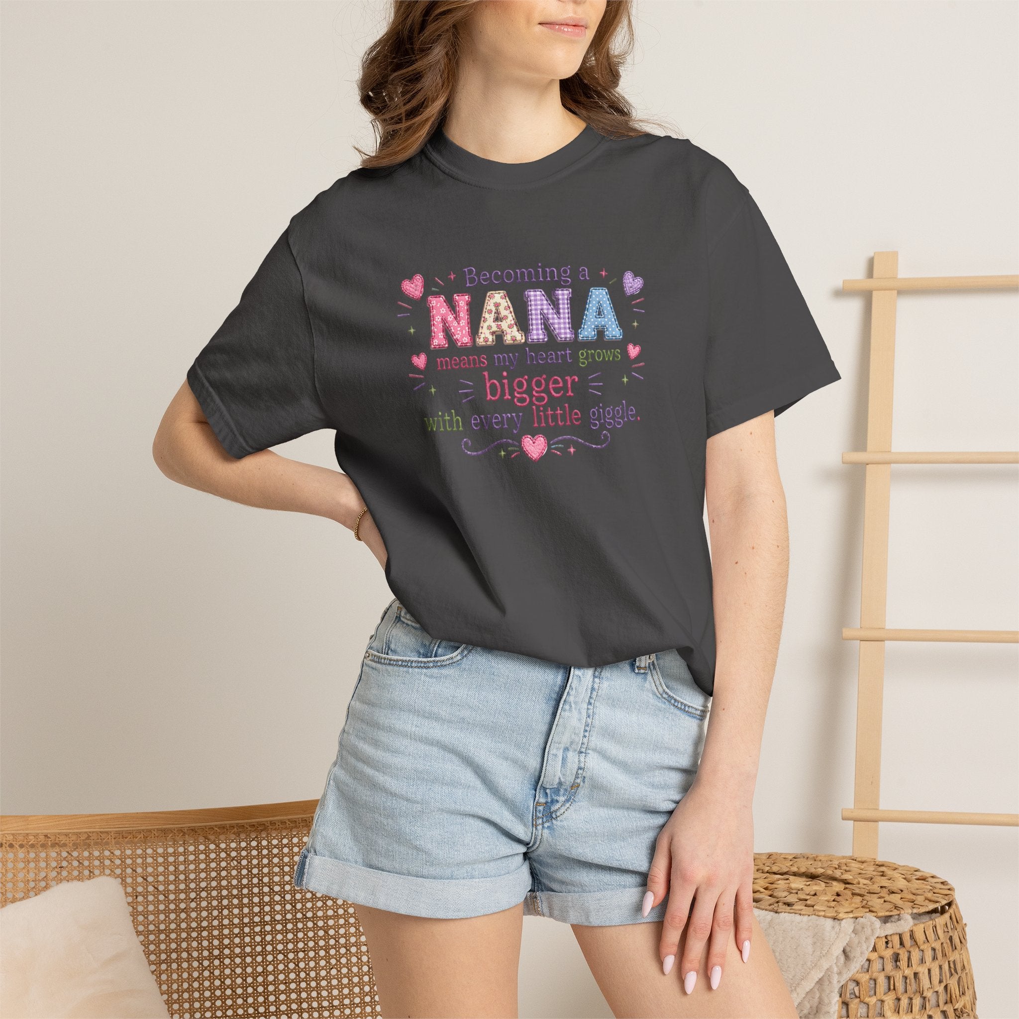 Becoming a Nana T-Shirt — "Becoming a Nana means my heart grows bigger with every little giggle" Cute Grandma Gift