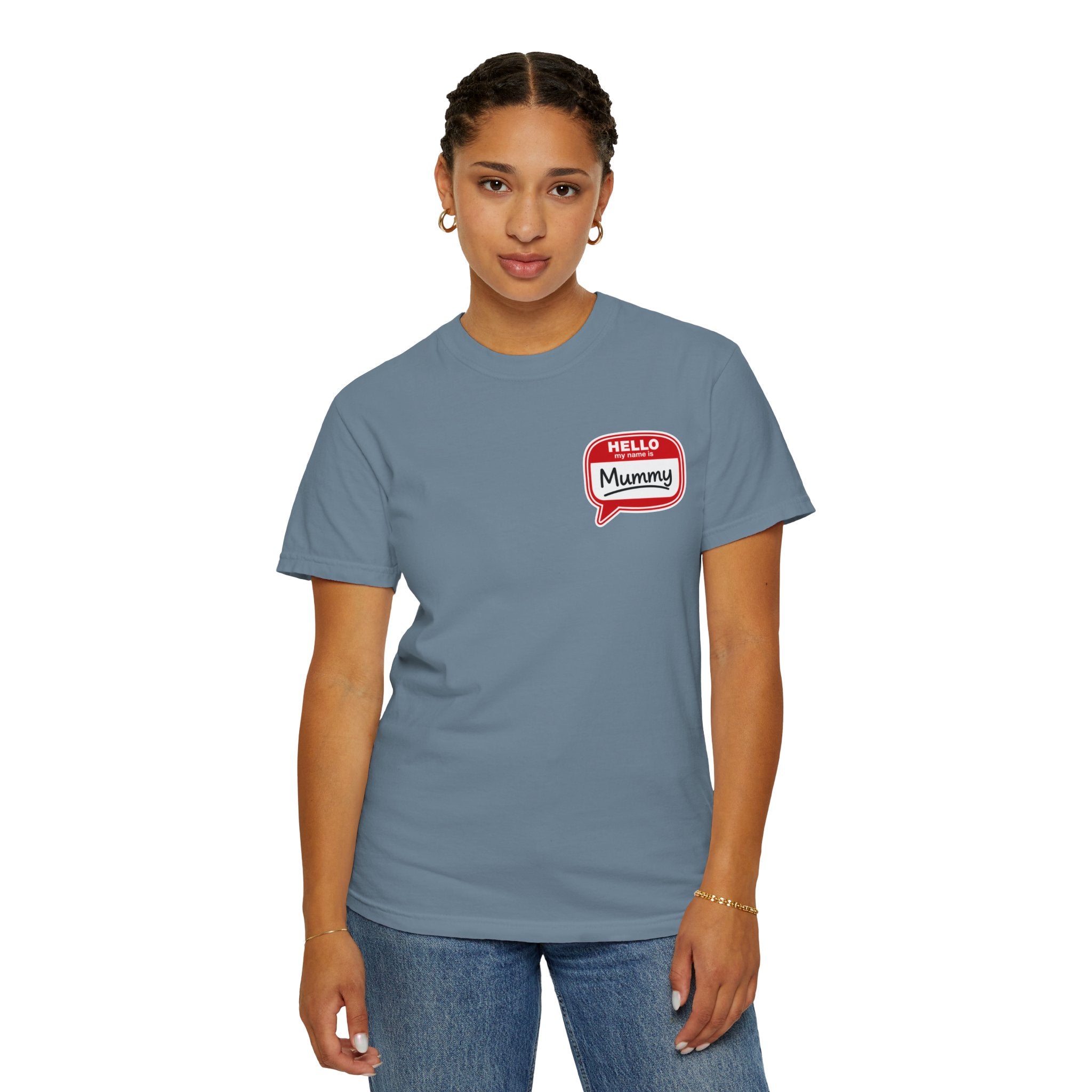 T-Shirt — "Hello Mummy" Retro Name-Tag Graphic