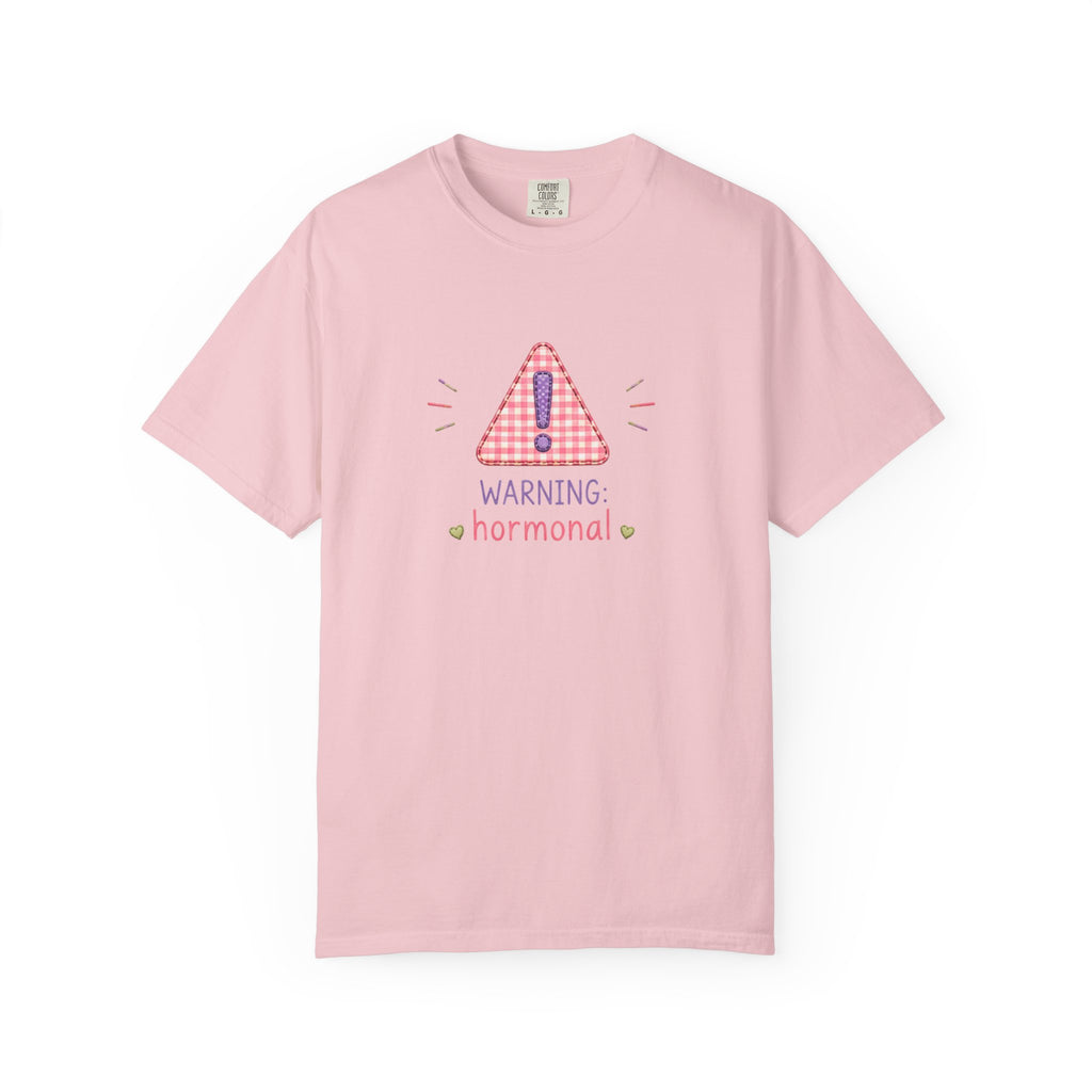 T-Shirt — "Warning: Hormonal" Cute Pink Gingham Alert Graphic