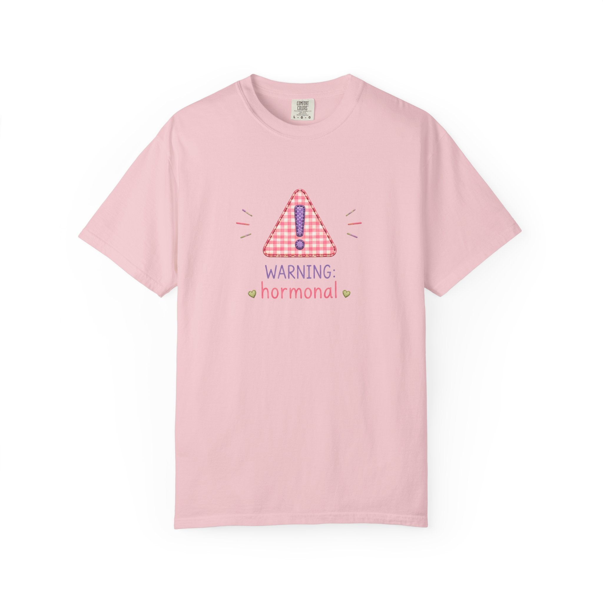 T-Shirt — "Warning: Hormonal" Cute Pink Gingham Alert Graphic