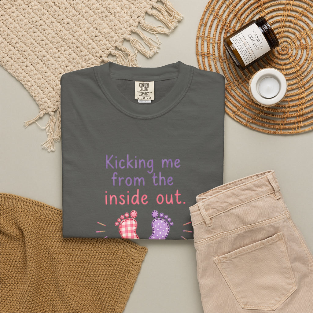 Pregnancy T-Shirt "Kicking Me From the Inside Out" — Cute Baby Footprint Maternity Tee
