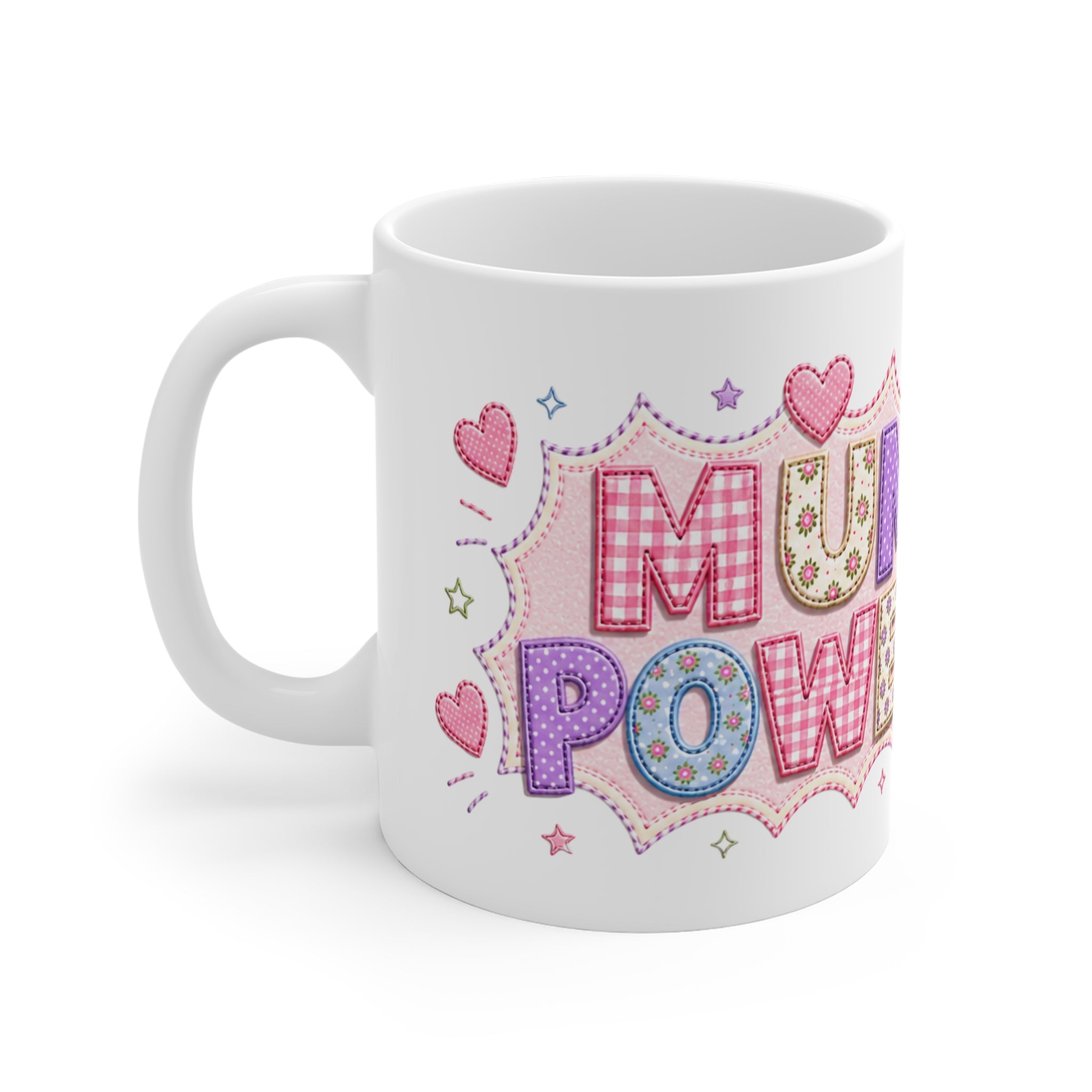 Mug - 'Mum Power' Colorful Patchwork Hearts Coffee Cup